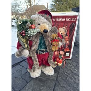 Vintage 24” Christmas Santa Bear Plush Figure w/ Original Box – Holiday Decor